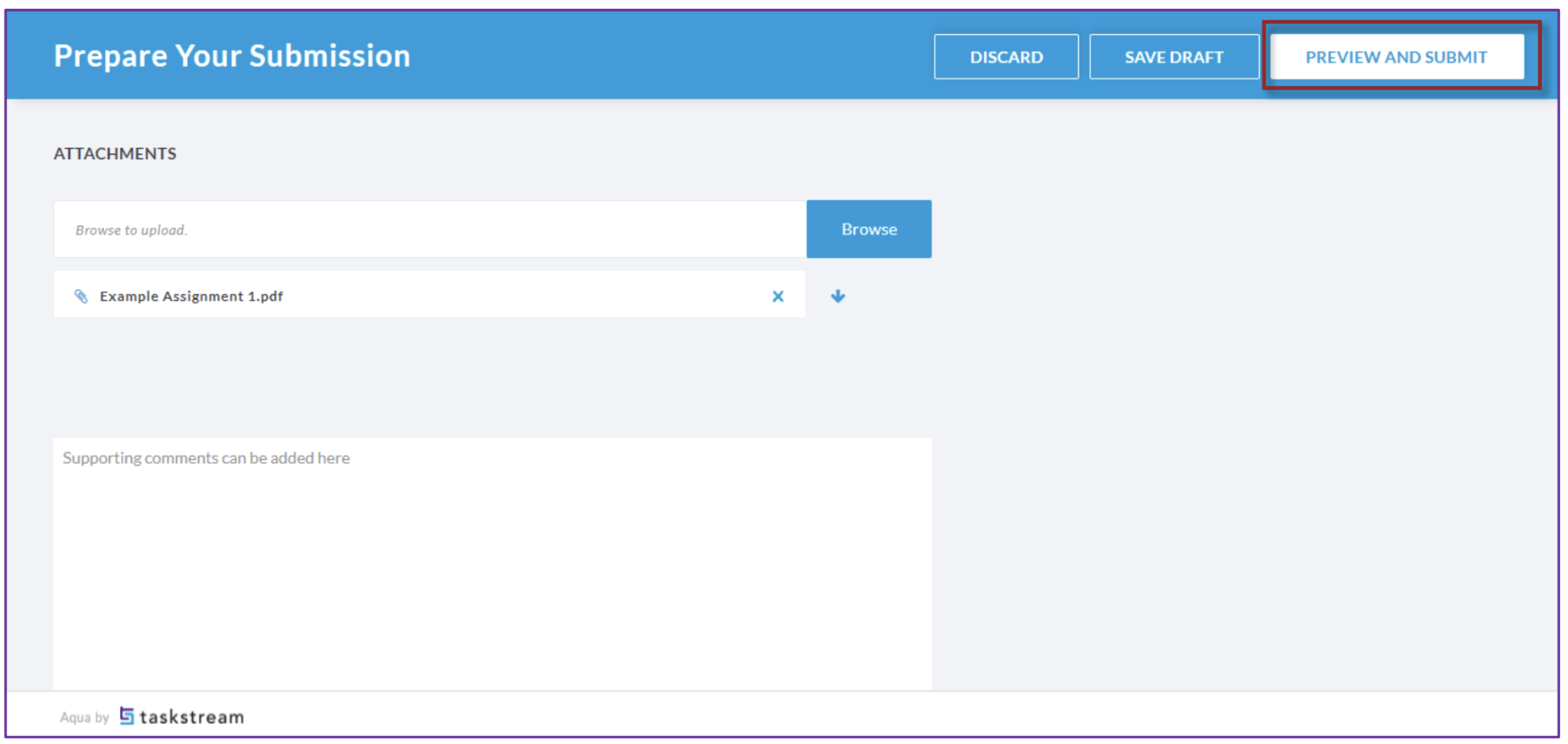 The Prepare Your Submission page showing one attached file, a comments box, and a highlighted Preview and Submit button in the top action row.