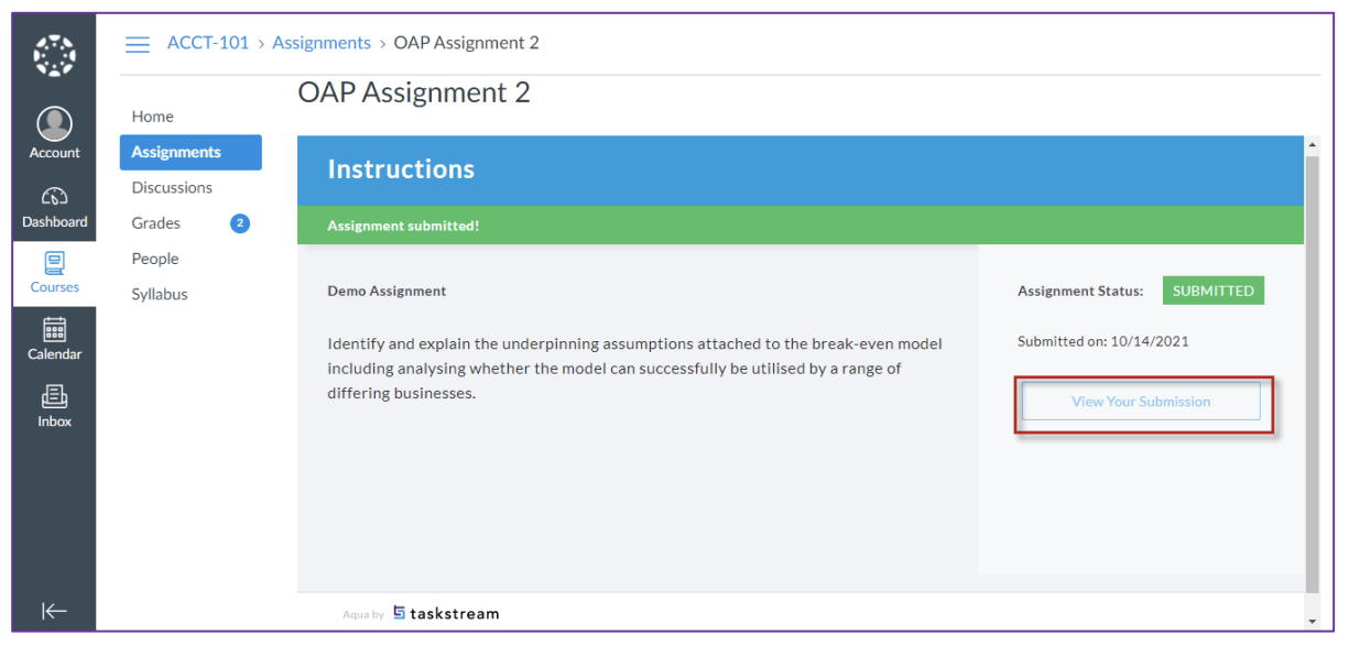 The assignment page showing OAP Assignment 2 with an Instructions section and a confirmation banner showing Assignment submitted. The right panel shows the submitted status, submission date, and a View Your Submission button highlighted.