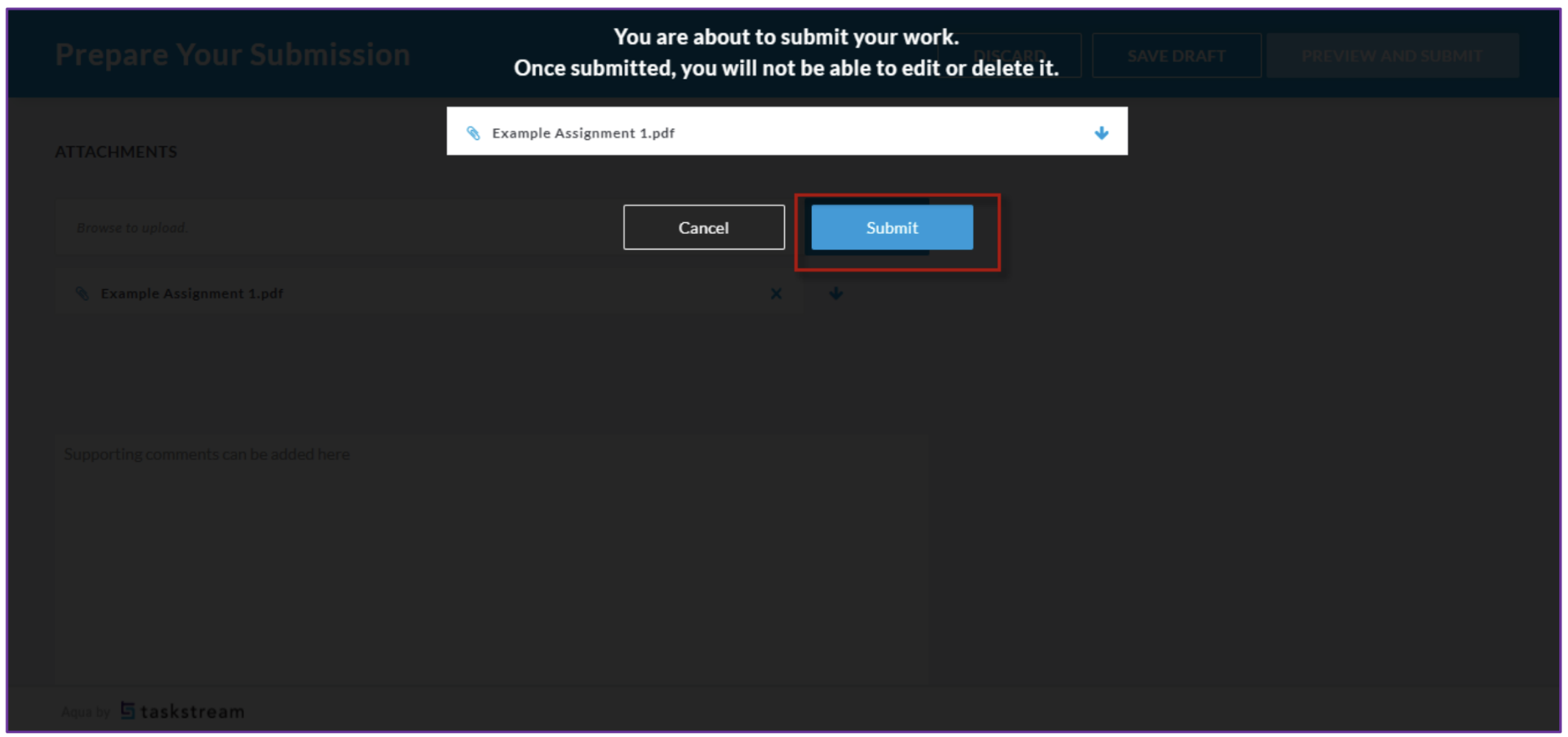 The Submission confirmation popup showing attached file name with Cancel and Submit buttons, with Submit highlighted.