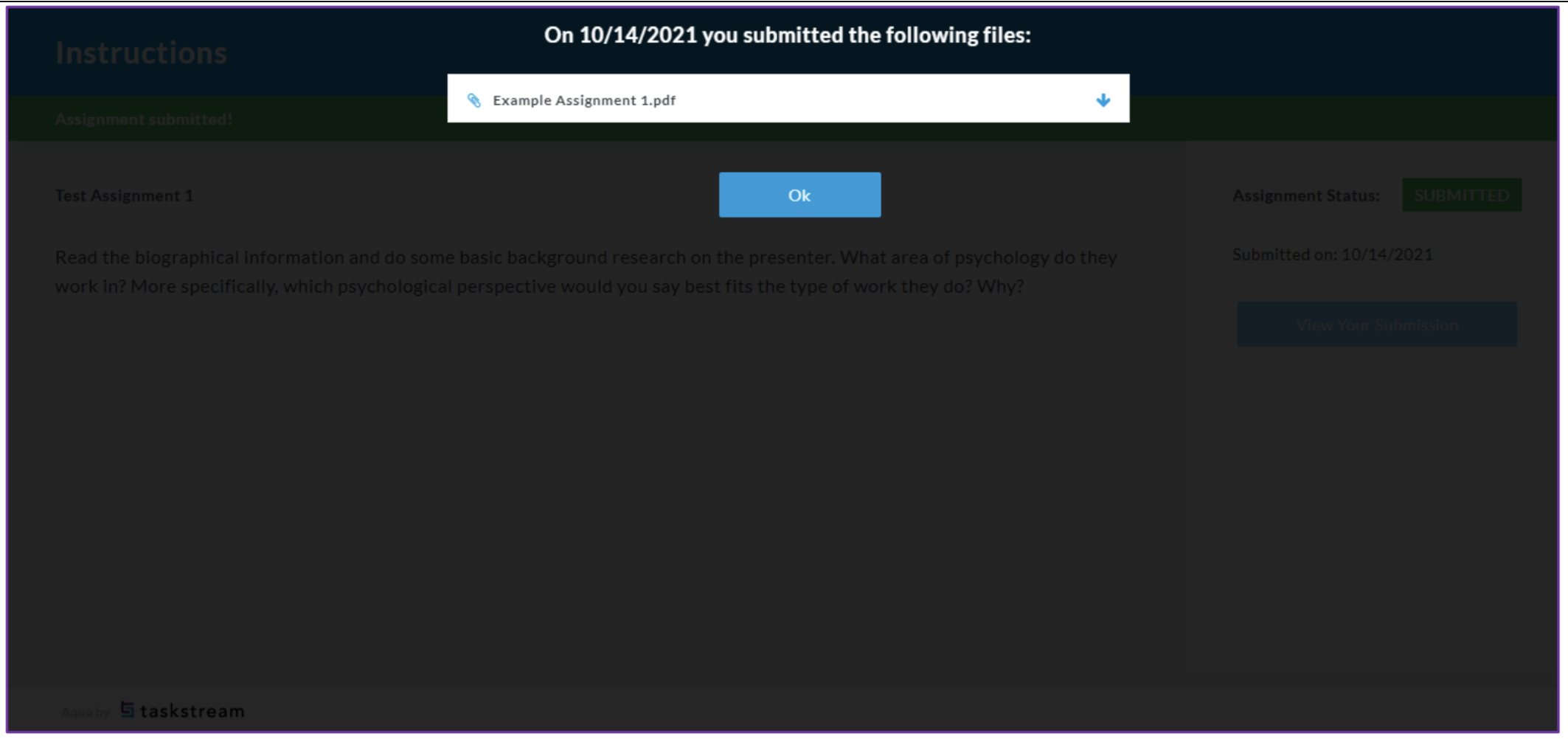 A pop-up showing the submitted file name and an OK button.
