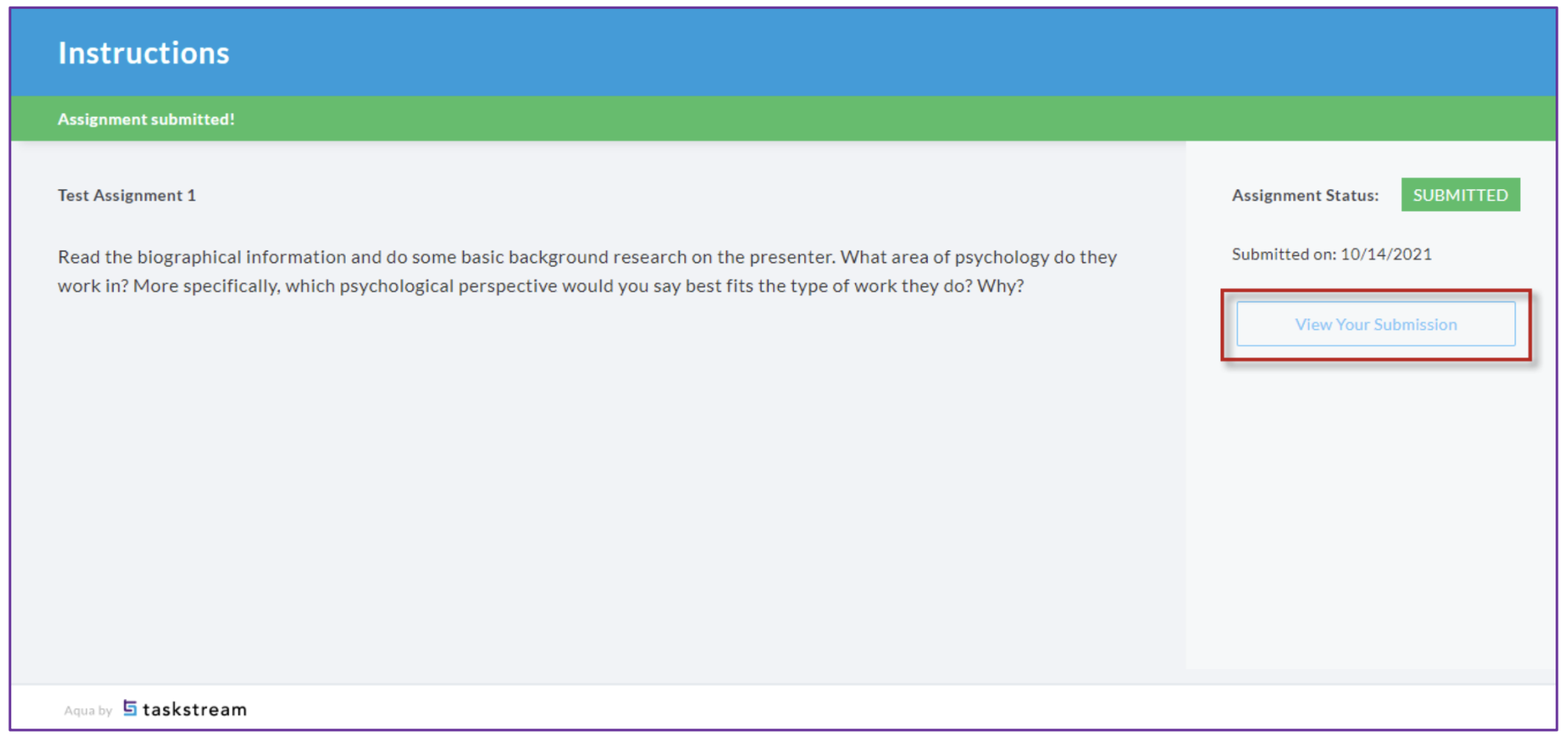 An Instructions page showing submitted assignment panel with submitted date and a highlighted View Your Submission button.