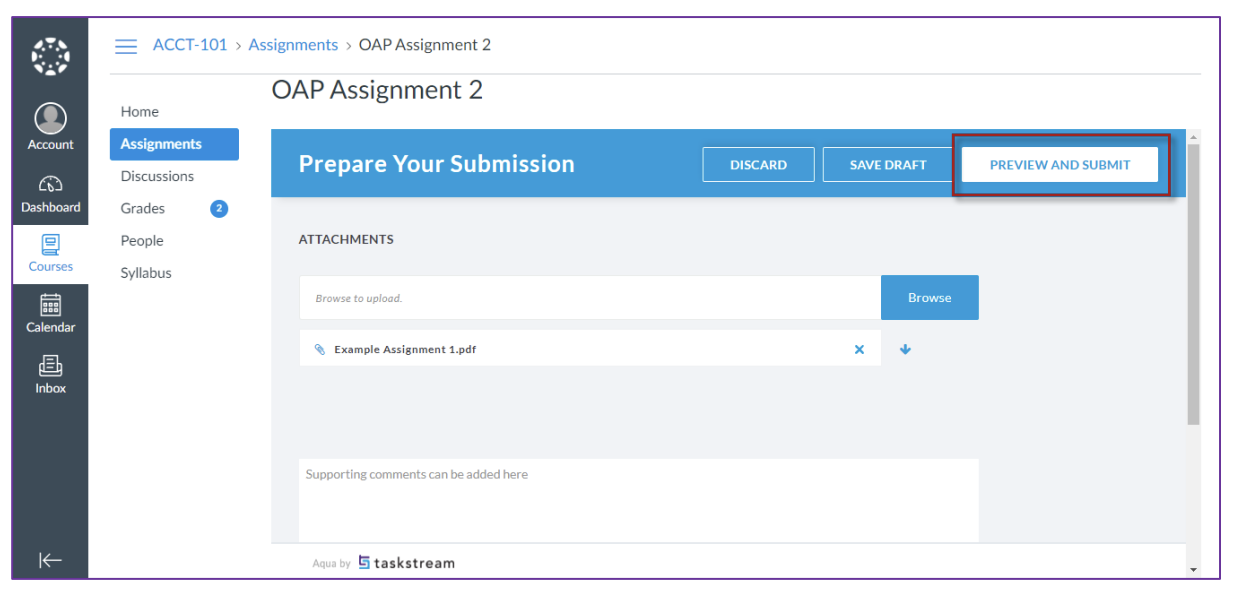 The submission page for OAP Assignment 2 showing an uploaded PDF file and a supporting comments box, with the Preview and Submit button highlighted in the top action bar.