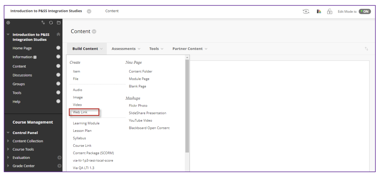 The Content page showing the left course navigation panel and a Build Content menu expanded in the main area with create options, including Web Link highlighted in the list.