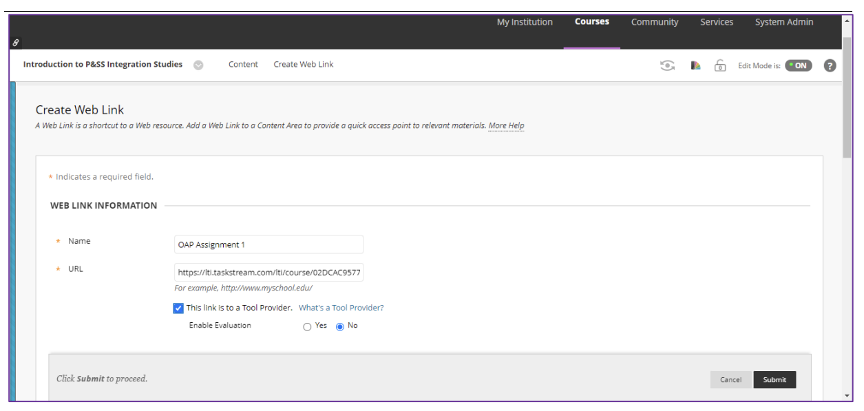 The Create Web Link page showing fields for Name and URL with a tool provider checkbox and evaluation options below, with the buttons Cancel and Submit at the bottom.