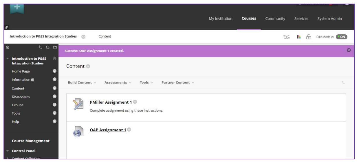 The Content page showing a success message for creating OAP Assignment 1, followed by a list of content items with titles and descriptions under the Content heading.