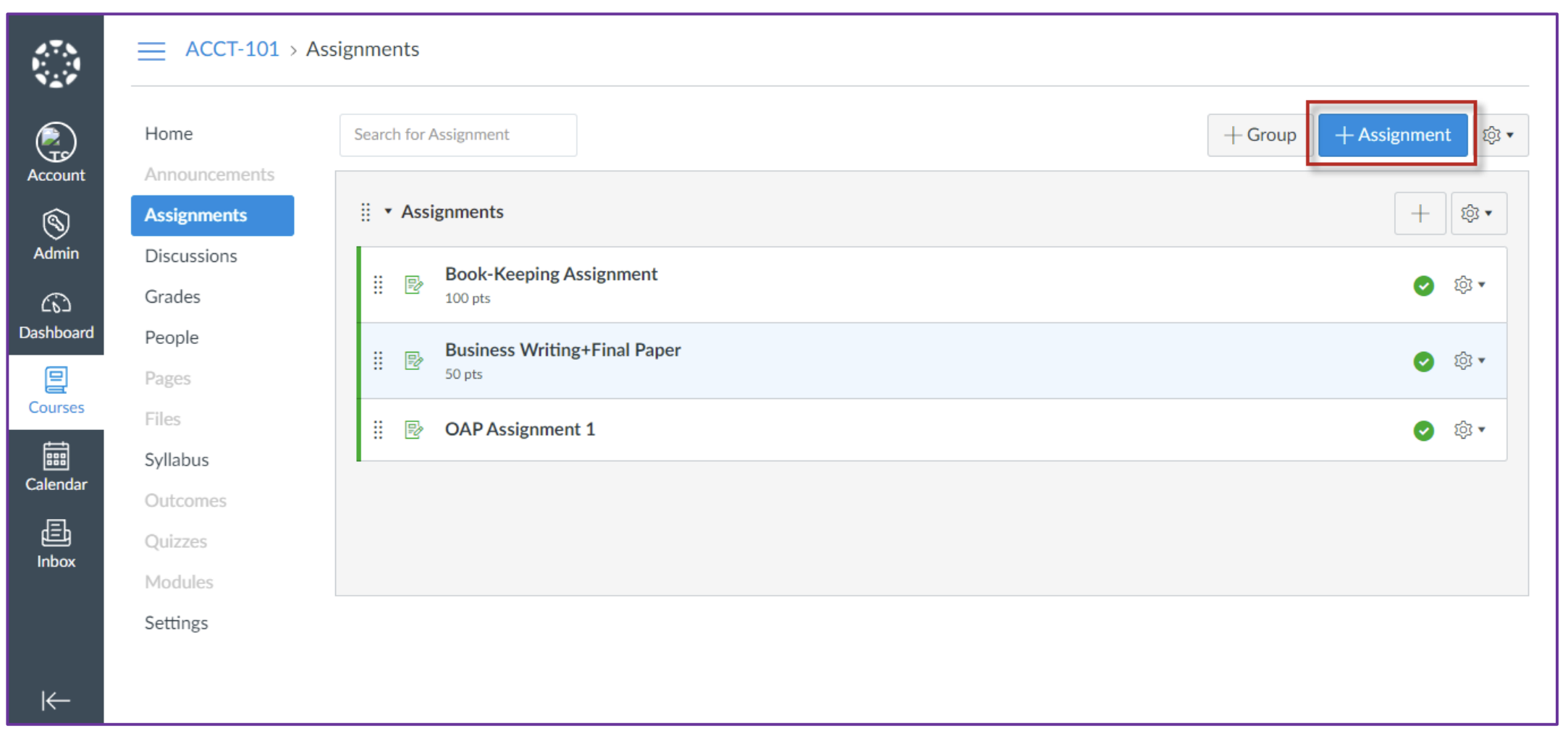The course assignments page showing a list of assignments and a button to add a new assignment.