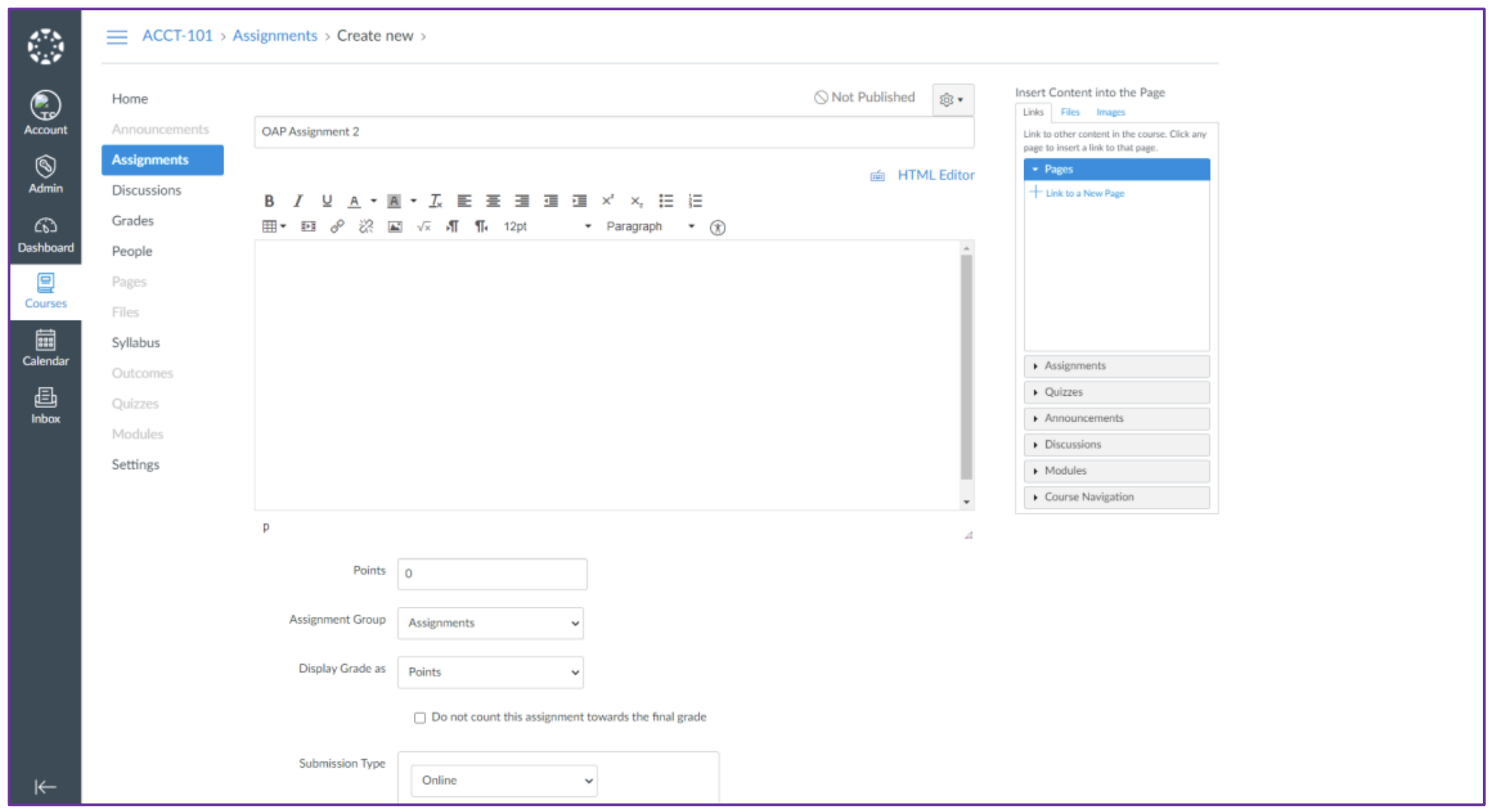The assignment creation page showing a text editor and assignment settings.