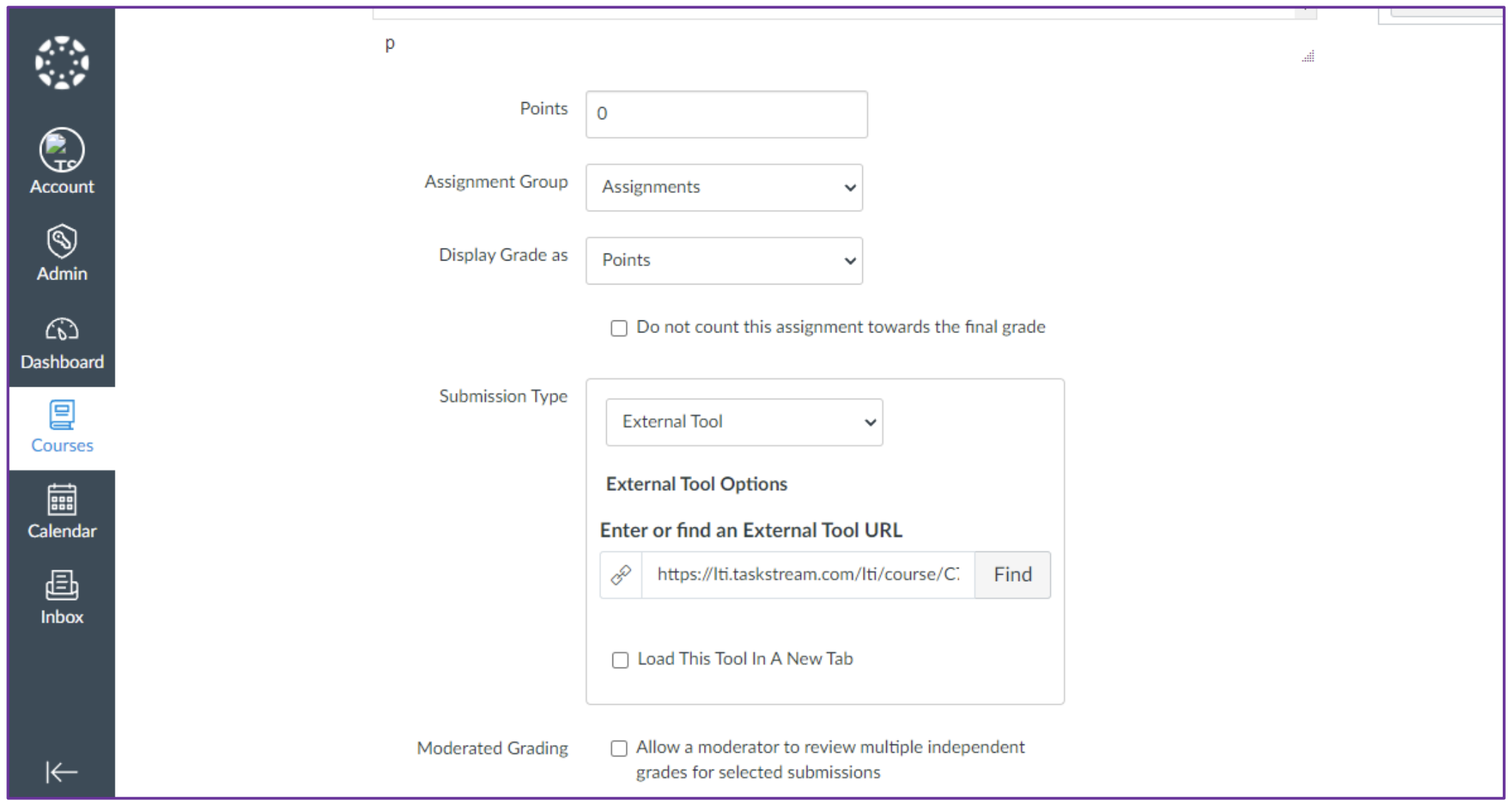 The assignment settings page showing fields for points, assignment group, display grade, and external tool options.