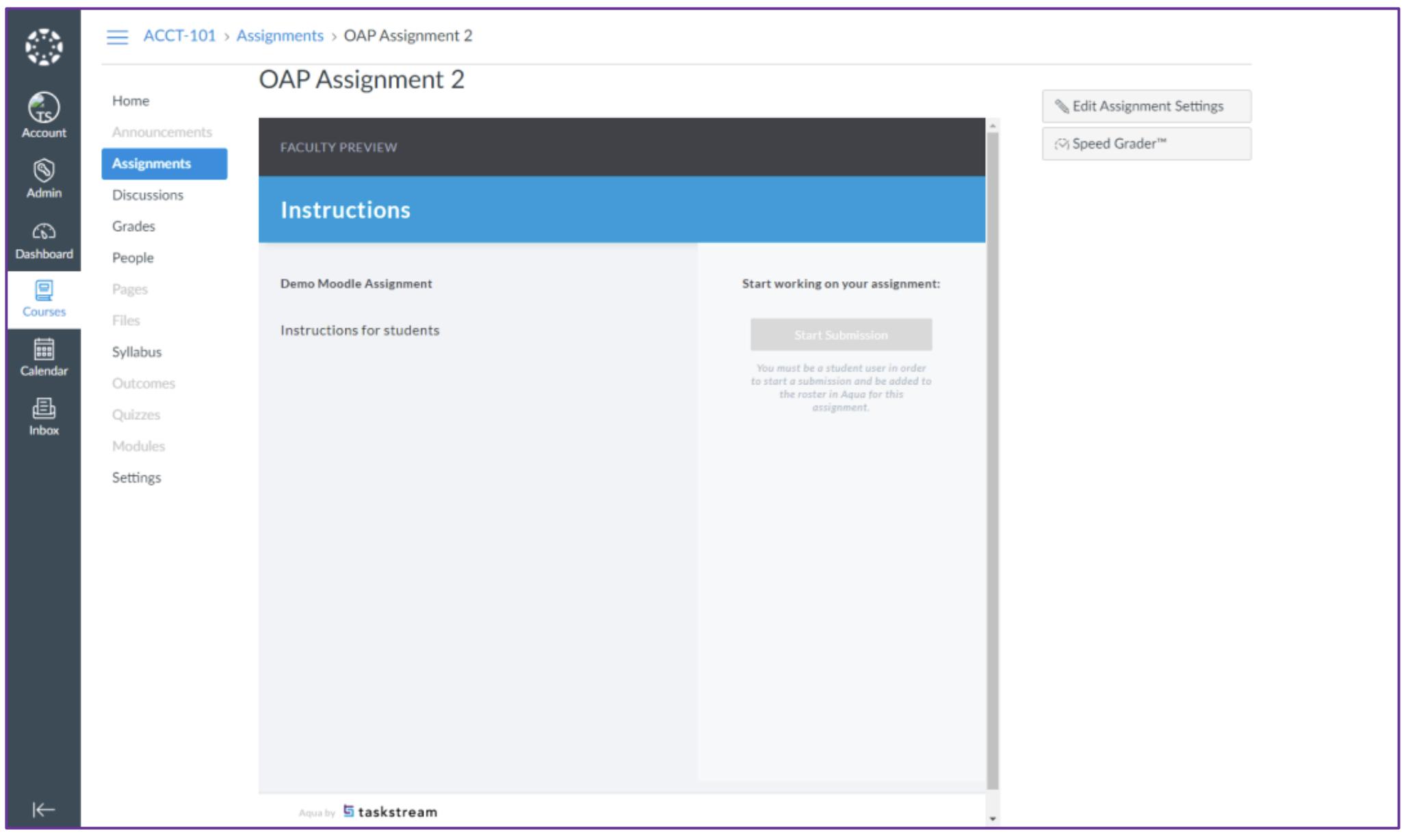 The assignment page showing a preview of the assignment instructions with options to edit settings or open the grading tool.