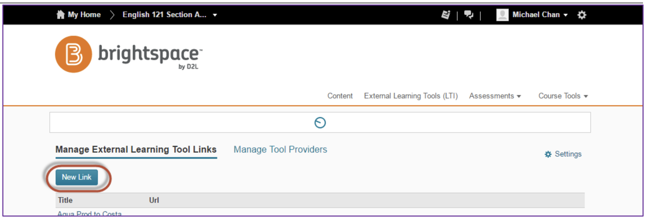 The Manage External Learning Tool Links page showing a New Link button highlighted and a list of existing links below. Navigation tabs appear across the top.