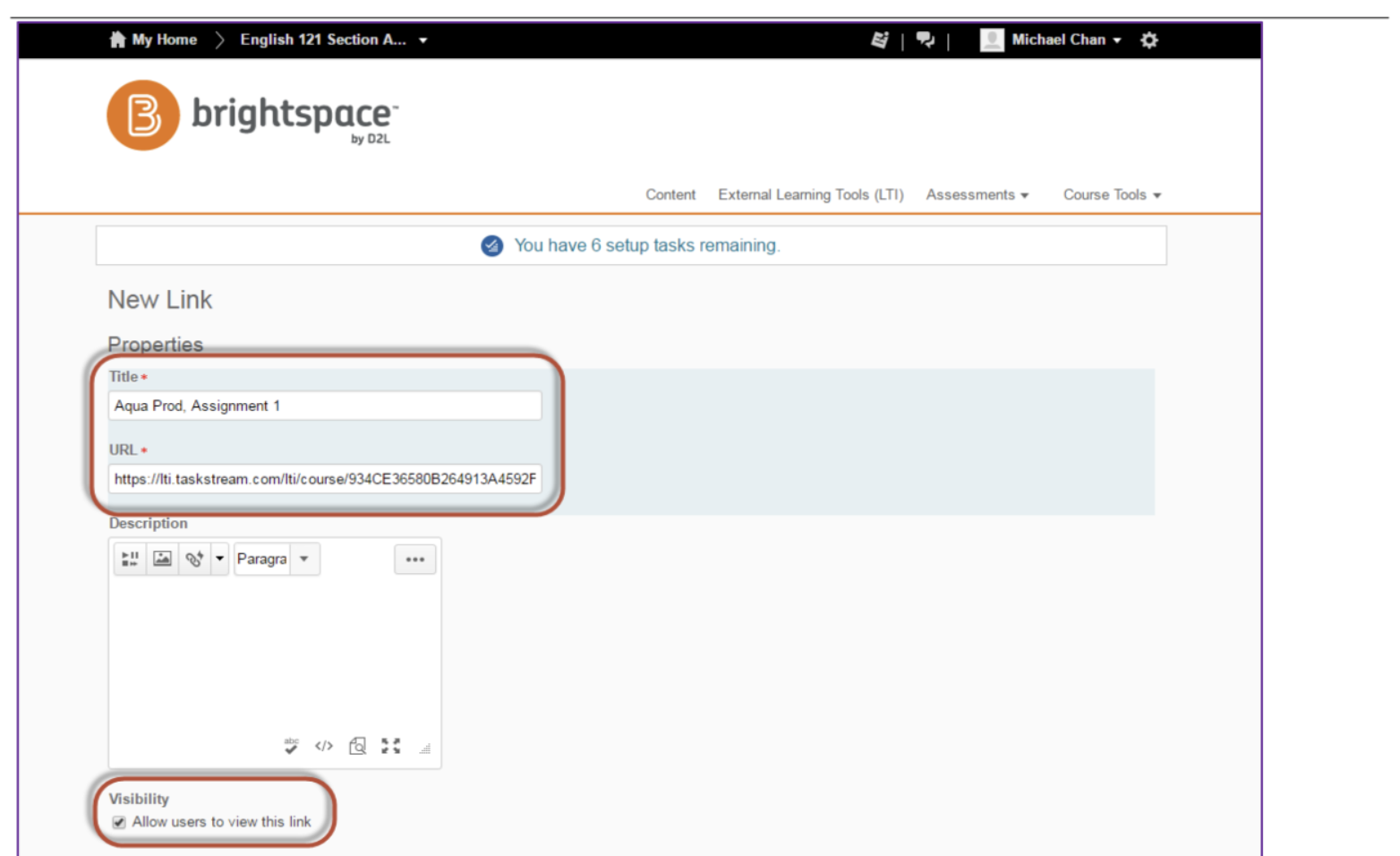 The New Link page showing fields for Title and URL filled in, a Description box, and a Visibility option to allow users to view the link.