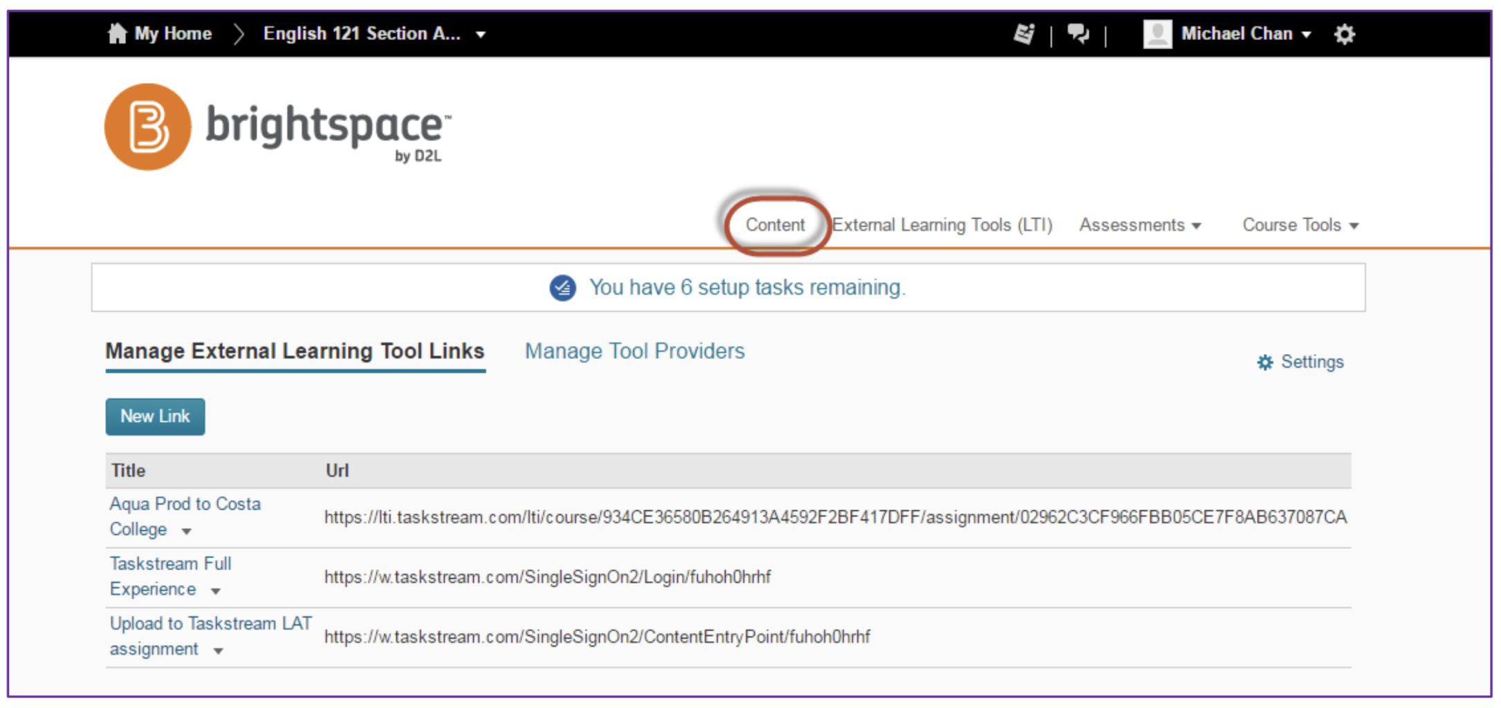 The Manage External Learning Tool Links page showing the Content tab highlighted at the top and a list of existing external tool links displayed below.