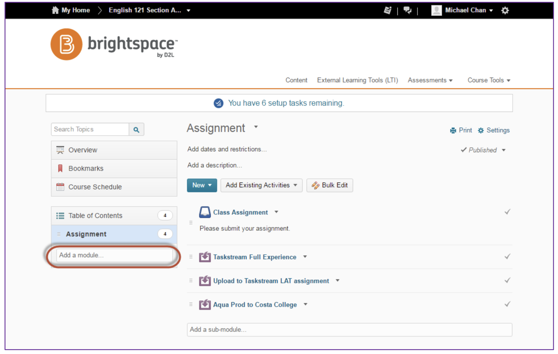 The Assignment page showing a list of existing assignment links and options to add activities or bulk edit. Left panel showing course sections, with an Add a module field highlighted.