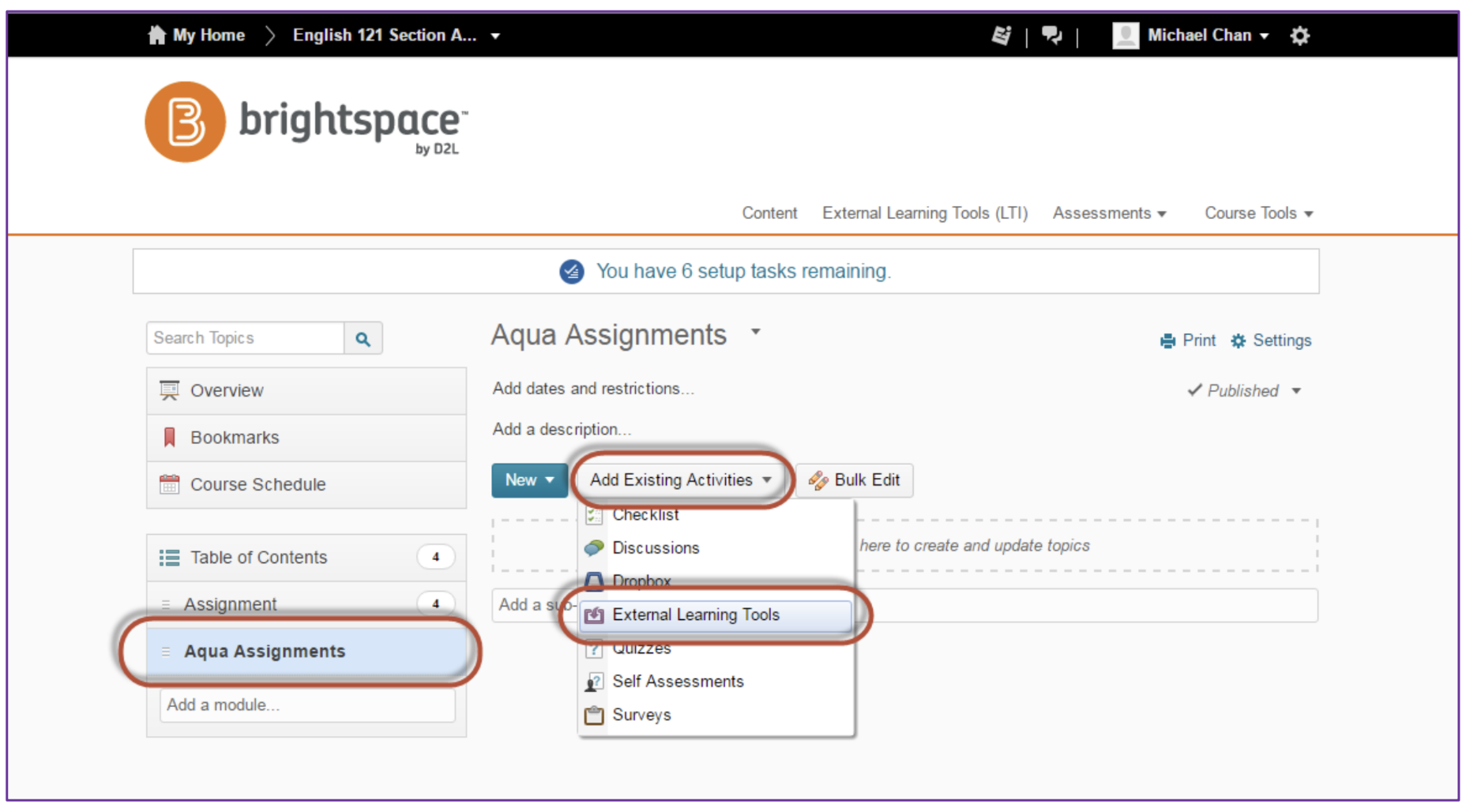 The Aqua Assignments page showing an Add Existing Activities menu open, with External Learning Tools highlighted. Left panel showing Aqua Assignments selected.