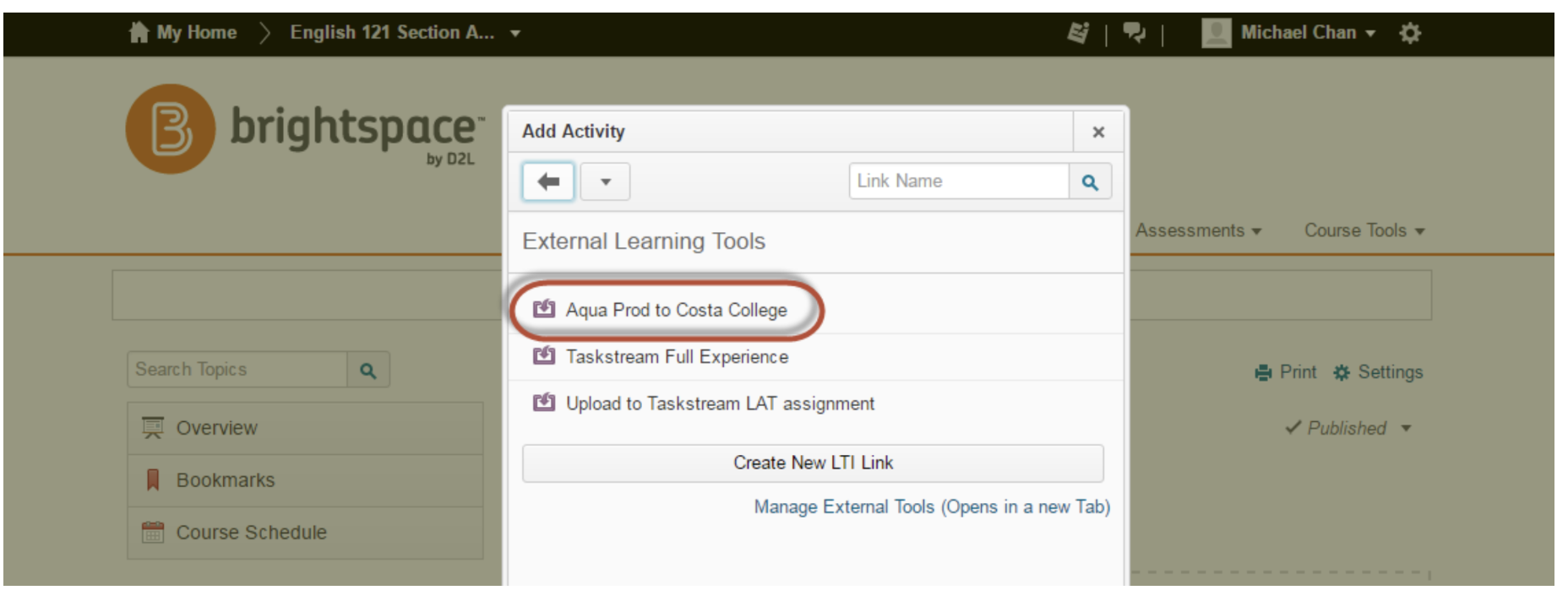 The Add Activity panel showing External Learning Tools list with the Aqua Prod to Costa College link highlighted. Buttons for navigating back and searching appear at the top.
