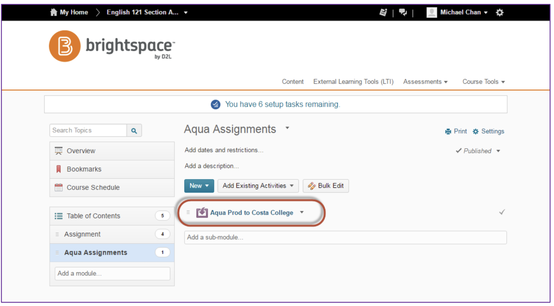 The Aqua Assignments page showing the added link Aqua Prod to Costa College highlighted under the module list.