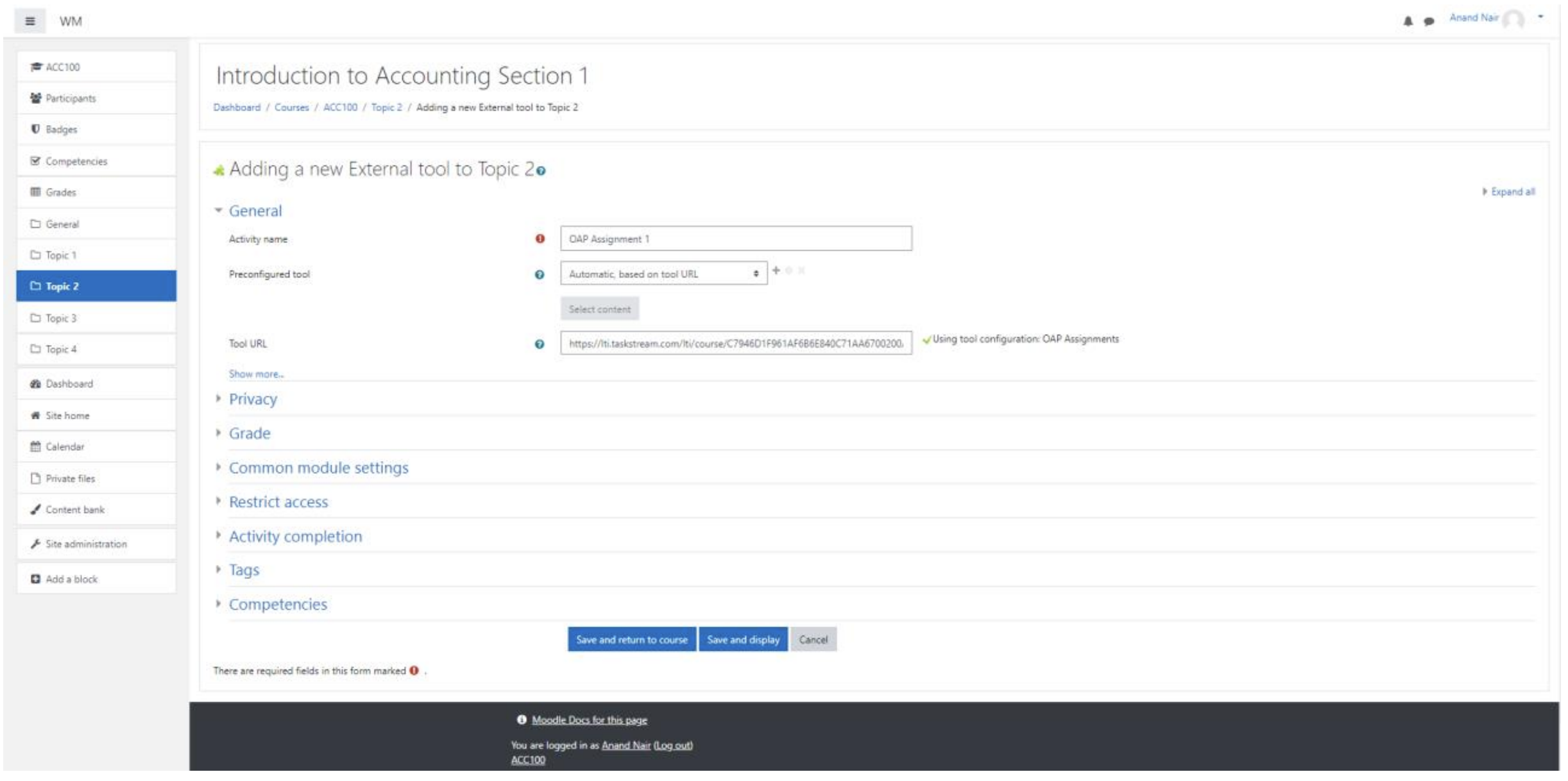 The external tool configuration page showing the Add a new External tool form with activity settings, tool URL details, expandable configuration sections, and save action buttons at the bottom.