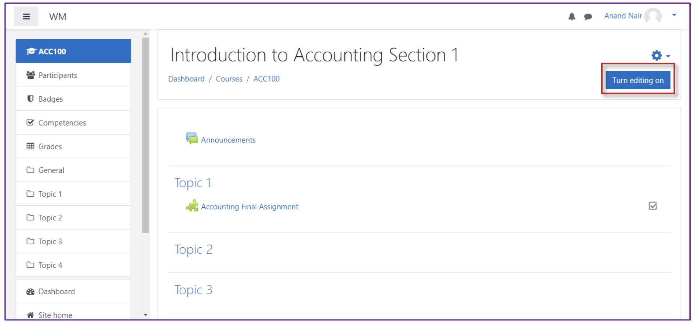 The course page showing the Introduction to Accounting Section 1 with the Turn editing on button highlighted in the upper right of the course interface.