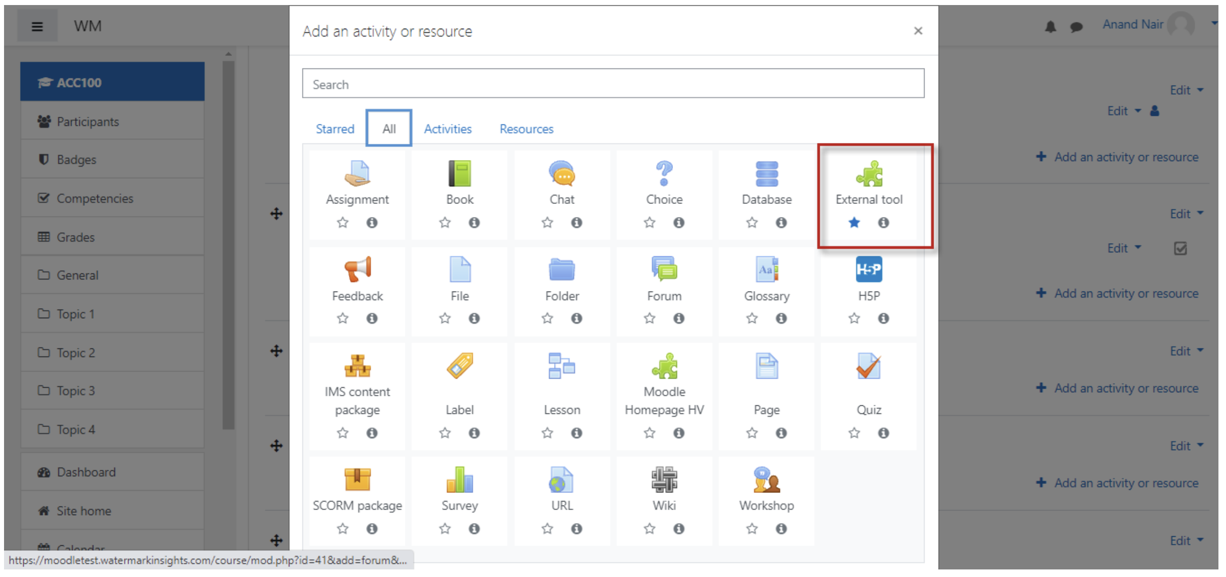 The Add an activity or resource dialog showing a grid of activity options with the External tool option highlighted.