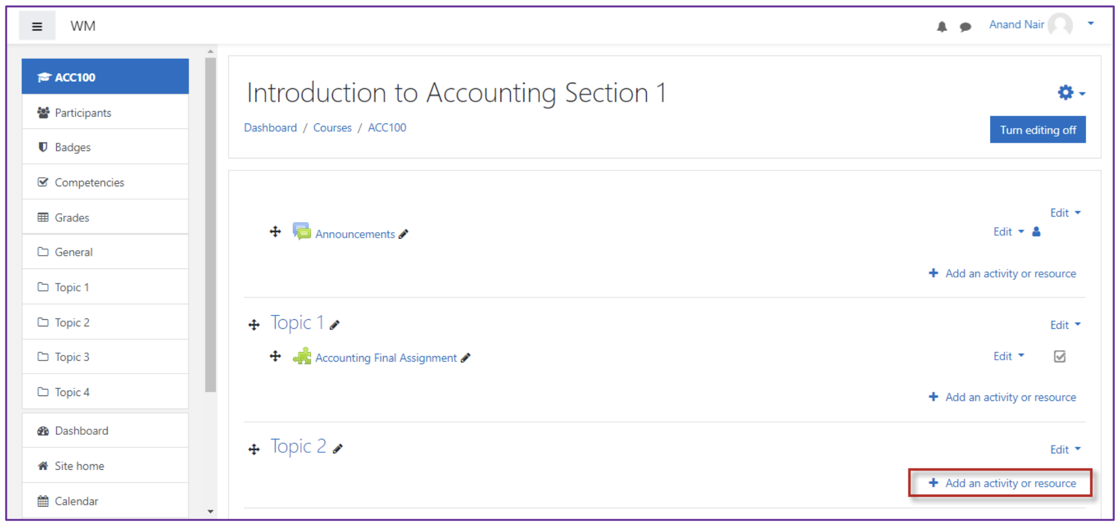 The course page showing Introduction to Accounting Section 1 with editing enabled and the Add an activity or resource option highlighted within a topic section.