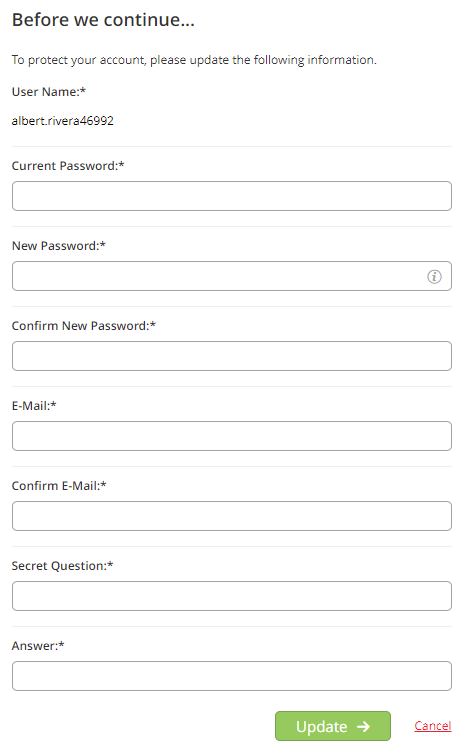 The change password page with user name with fields for current password, New password, Confirm password, Email, Confirm E mail, Secret question, Answer and 'Update' and 'Cancel' buttons.