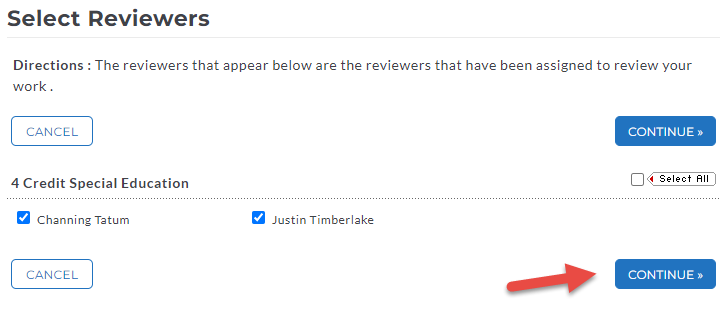 The Select Reviewers page showing two selected reviewers under 4 Credit Special Education, with Cancel and Continue buttons displayed above and below, and an arrow pointing to the lower Continue button.