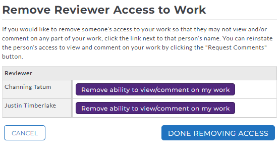 The Remove Reviewer Access to Work window showing a table listing two reviewers with buttons labeled Remove ability to view/comment on my work for each reviewer. The window showing Cancel and Done Removing Access buttons at the bottom.