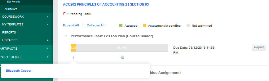 The Course section page showing one pending task. Performance Task bar showing assessed, pending, and not‑submitted segments with counts beneath. Due date displayed on the right with a Report button. Tooltip showing the name Elizabeth Cooper.