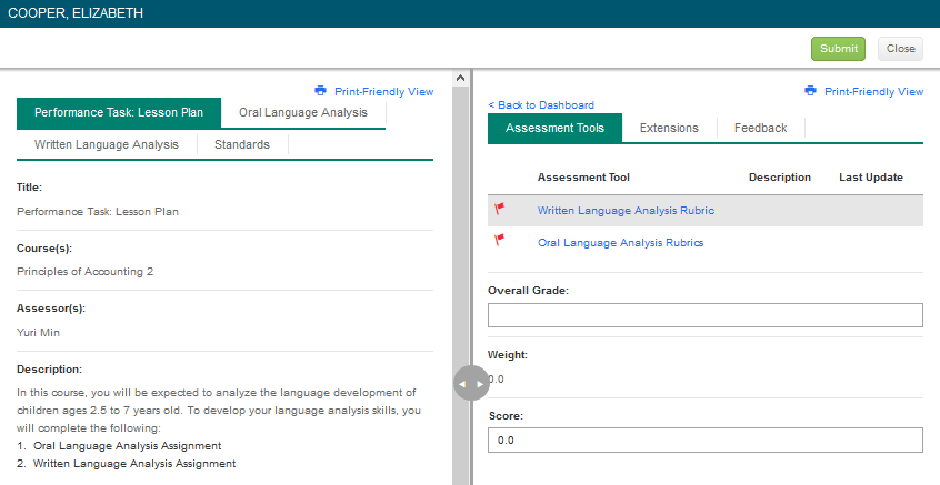 The Assessment page showing two tabs for the performance task. Left panel showing task title, course name, assessor name, and description. Right panel showing Assessment Tools tab with two tool links listed and fields for overall grade, weight, and score. Submit and Close buttons appear at the top.