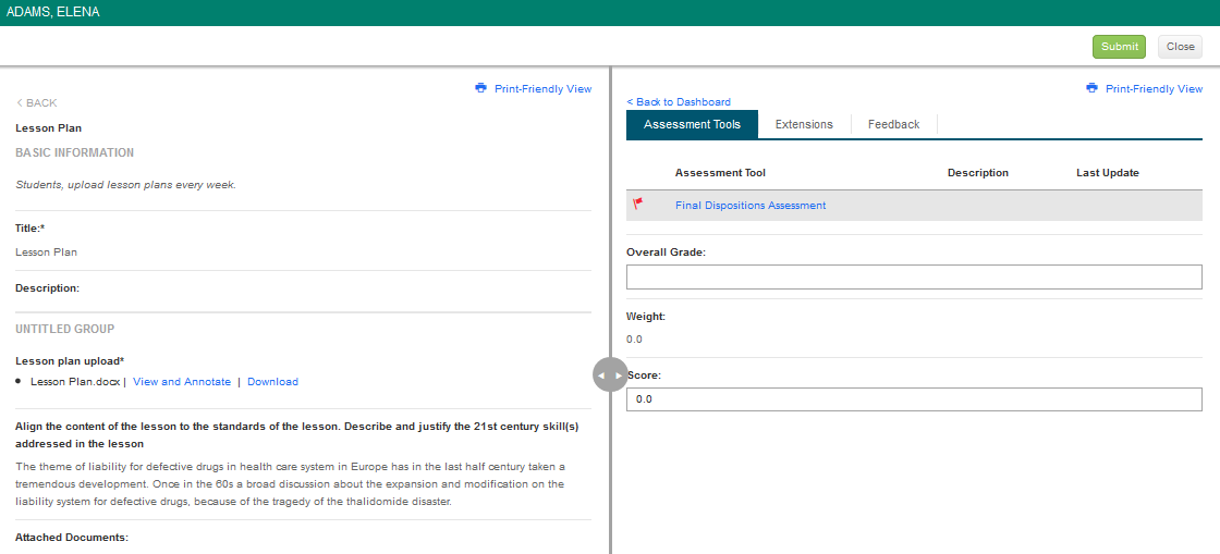 The page showing lesson plan section with basic information with title, description field, and uploaded file with View and Annotate and Download links. Instruction text and attached documents section shown below. Right panel showing Assessment Tools tab with one tool listed and fields for overall grade, weight, and score. Submit and Close buttons appear at the top.