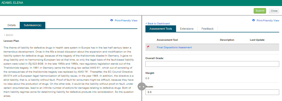 The page showing Lesson Plan text displayed in the left panel under the Submissions tab. Right panel showing Assessment Tools tab with one tool listed and fields for overall grade, weight, and score. Submit and Close buttons appear at the top.