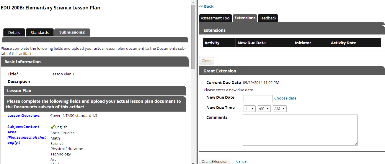 The lesson plan submission page on the left showing the Details, Standards, and Submissions tabs with the Basic Information and Lesson Plan sections displayed. On the right, the Extensions subsection showing the extension activity table and the Grant Extension panel with fields for current due date, new due date, new due time, and comments, with Grant Extension and Cancel buttons below.