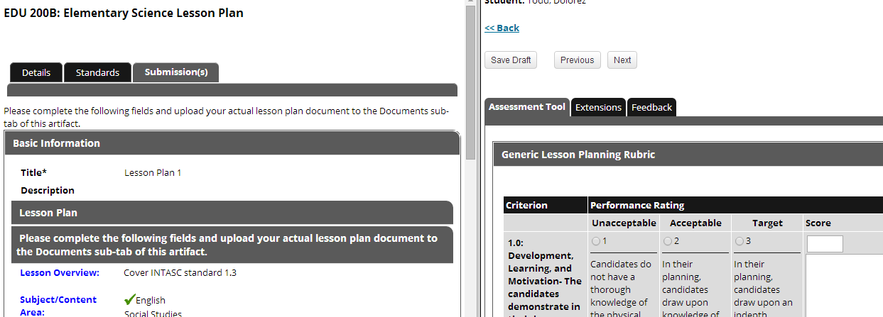 The lesson plan submission page showing the Details, Standards, and Submissions tabs on the left, with Basic Information and Lesson Plan sections displayed, and the Assessment Tool area on the right showing tabs for Extensions and Feedback with a rubric table.