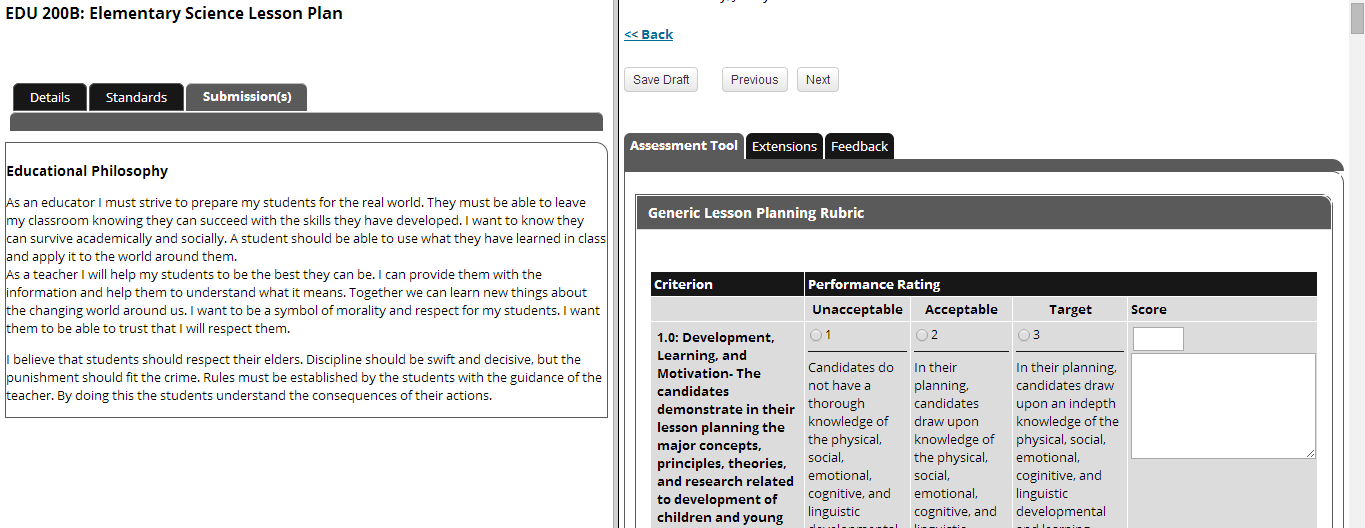 The lesson plan submission page on the left showing the Details, Standards, and Submissions tabs with the Educational Philosophy section displayed. On the right, the Assessment Tool area showing the Extensions and Feedback tabs with the Generic Lesson Planning Rubric table.