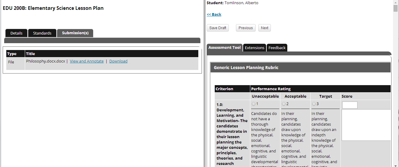 The submission page on the left showing the Details, Standards, and Submissions tabs with a file list displaying Philosophy.docx.docx and links for View and Annotate and Download. On the right, the Assessment Tool area showing the Extensions and Feedback tabs with the Generic Lesson Planning Rubric table.