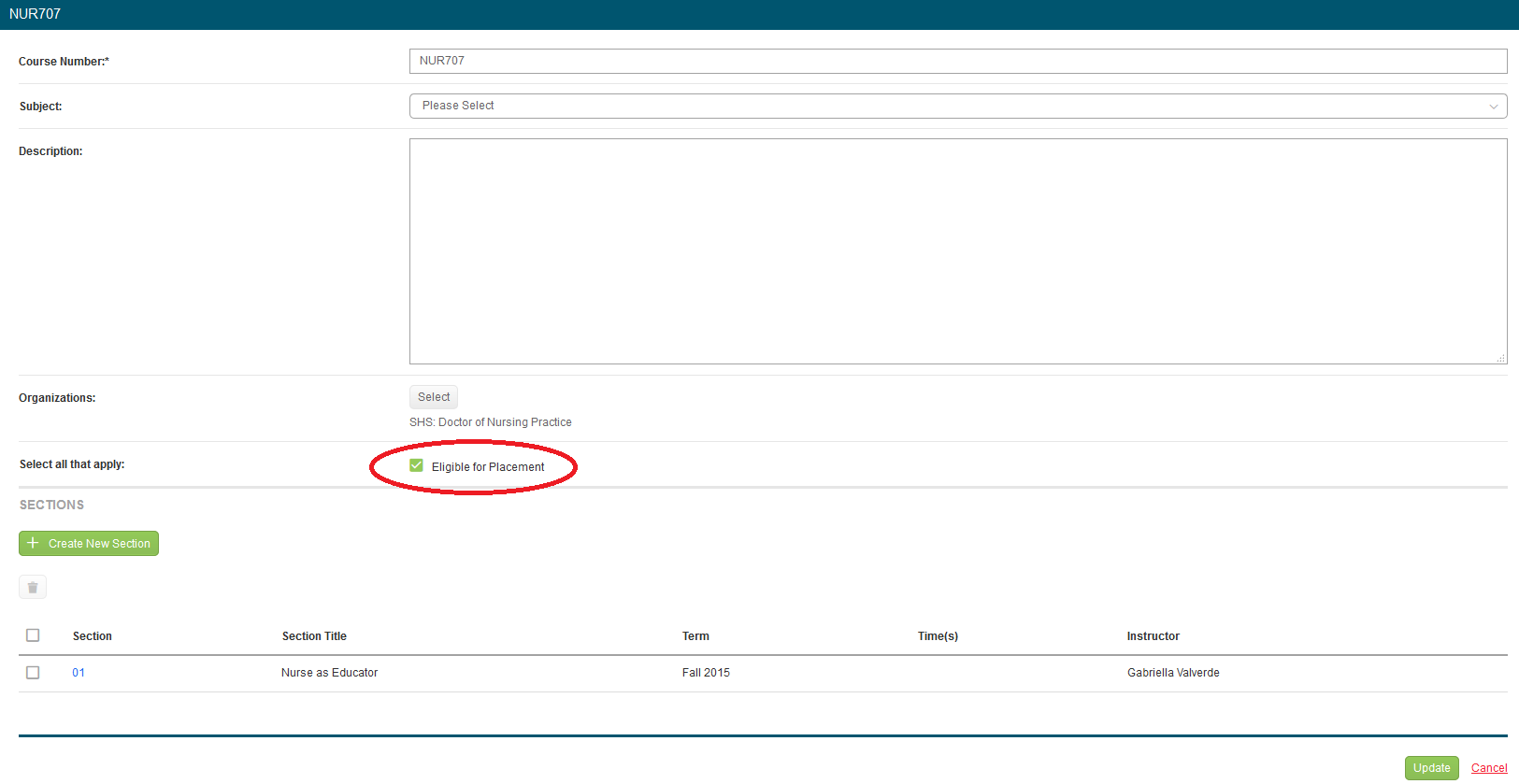 The course details page showing fields for course information with an option indicating whether the course is eligible for placement above a list of associated sections.