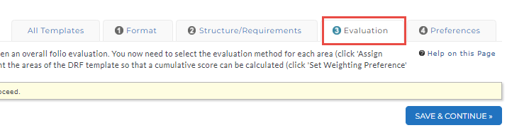 The template setup page showing the Evaluation step highlighted as the current stage in the workflow.