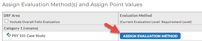 The evaluation setup page showing an option to assign an evaluation method to the selected DRF area.