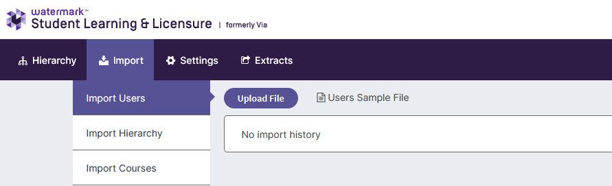 Screenshot showing the 'Users Sample File' and 'Upload File' buttons on the import screen