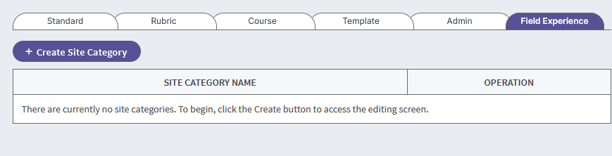 The Field Experience tab showing a Create Site Category button and an import labels link above a table with Site Category Name and Operation, with a message stating there are no site categories.