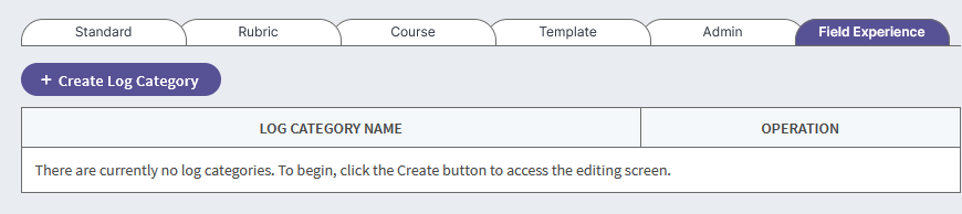 The Field Experience tab showing a Create Log Category button above a table with Log Category Name and Operation, with a message stating there are no log categories.