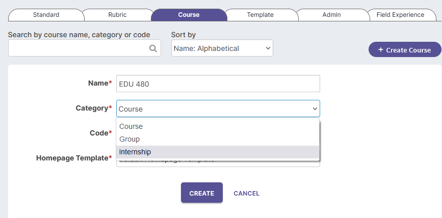 The Create Course panel showing fields for Name filled with EDU 480, Category with the dropdown open to Course, Group, and Internship, a Code field below, and the buttons Create and Cancel at the bottom.