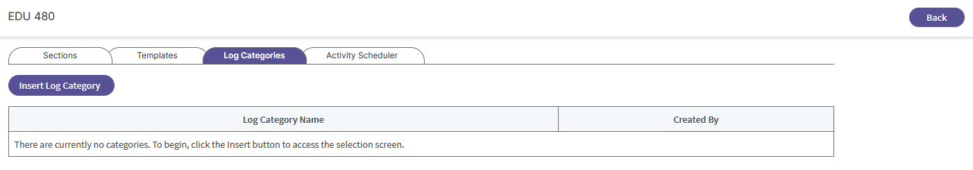 The Log Categories tab showing an Insert Log Category button above a table with Log Category Name and Created By columns, with a message stating there are no categories.