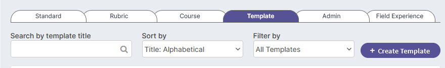 The Template tab showing a search bar for template title, a Sort by dropdown set to Title: Alphabetical, a Filter by dropdown set to All Templates, and a Create Template button on the right.