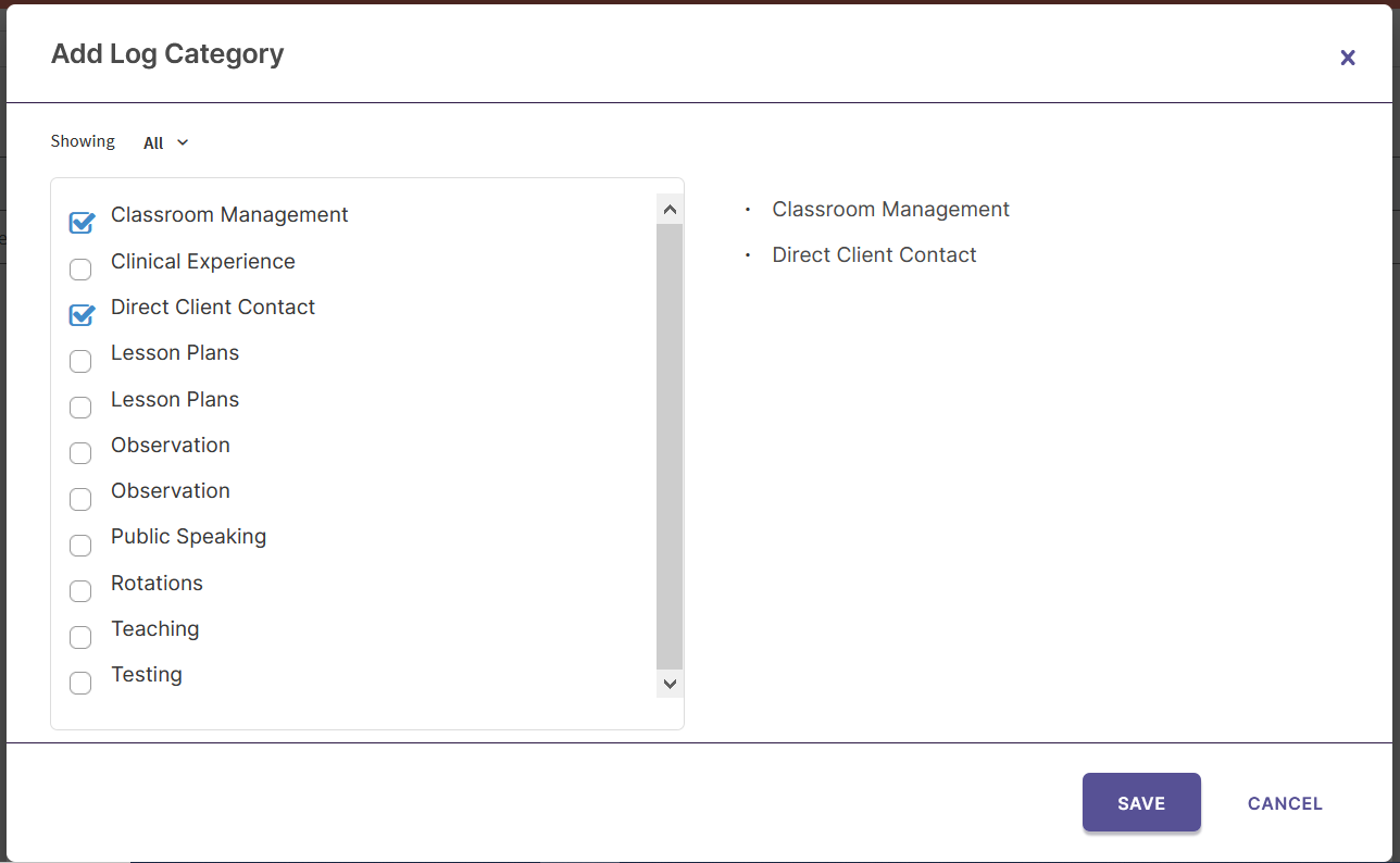 The Add Log Category modal showing a scrollable list of categories with Classroom Management and Direct Client Contact selected on the left, and the selected categories listed on the right, with Save and Cancel buttons at the bottom.