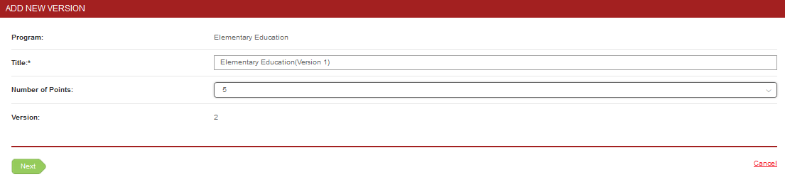 The Add New Version page showing Program value, Title field, Number of Points dropdown, and Version value. Buttons showing Next and Cancel.