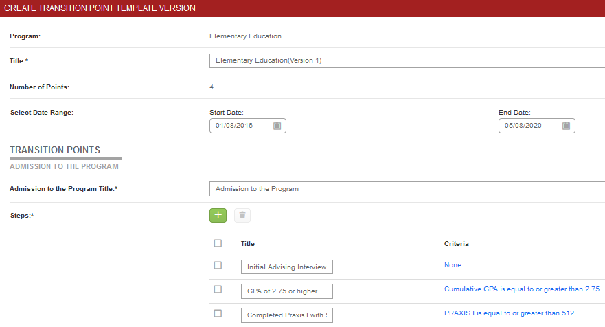 The Create Transition Point Template Version page showing Program value, Title field, Number of Points value, and date range fields for Start Date and End Date. Transition Points section showing Admission to the Program with Title field. Steps section showing multiple step rows with checkboxes, step titles, and Criteria links displayed.