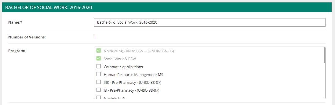 A template details page for the Bachelor of Social Work: 2016–2020 showing fields for the template name, number of versions, and a program selection area with multiple program options listed, including several that are checked.