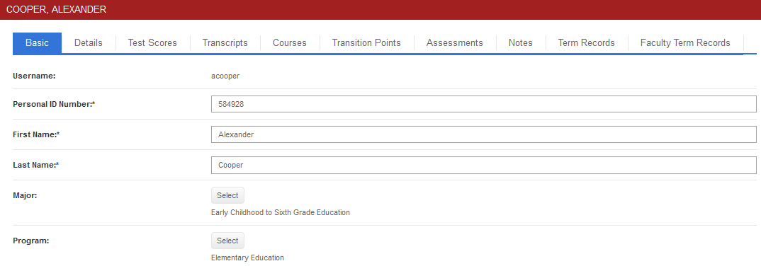 A user profile page showing the Basic tab selected, with fields displaying the username, personal ID number, first name, last name, major, and program. A navigation bar shows additional tabs including Details, Test Scores, Transcripts, Courses, Transition Points, Assessments, Notes, Term Records, and Faculty Term Records.