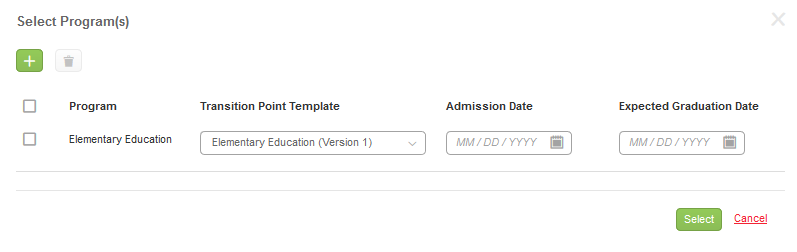 A Select Program(s) window showing a list of programs with checkboxes, including Elementary Education, along with fields for selecting a transition point template, entering an admission date, and entering an expected graduation date. Buttons for adding or removing items are shown at the top, and Select and Cancel options appear at the bottom.